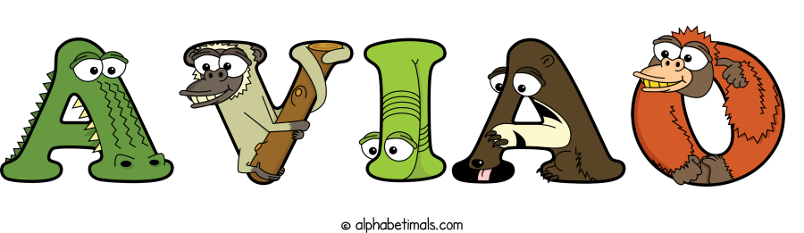 Aviao animal word art spelling Aviao with Alphabetimals - cartoon alphabet animals