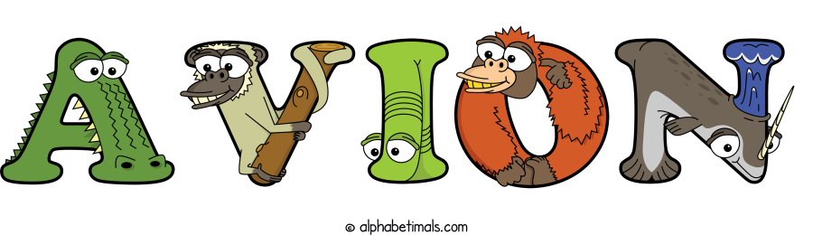 Avion animal word art spelling Avion with Alphabetimals - cartoon alphabet animals