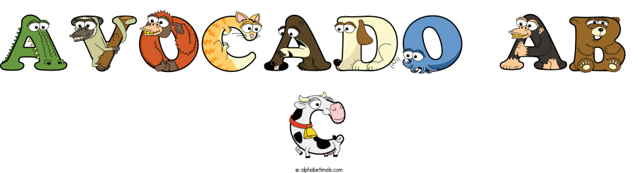 Avocado Ab C animal word art spelling Avocado Ab C with Alphabetimals - cartoon alphabet animals