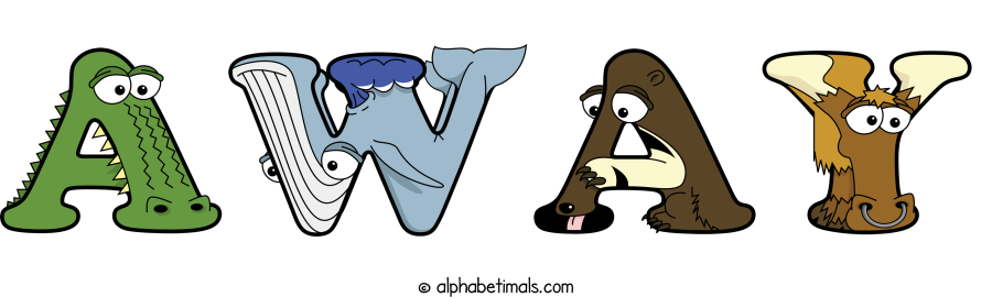 Away animal word art spelling Away with Alphabetimals - cartoon alphabet animals