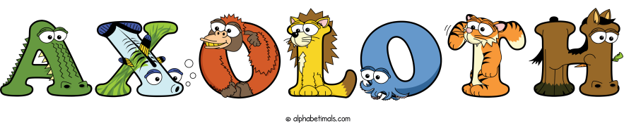 Axoloth animal word art spelling Axoloth with Alphabetimals - cartoon alphabet animals