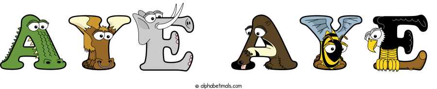 Aye Aye animal word art spelling Aye Aye with Alphabetimals - cartoon alphabet animals