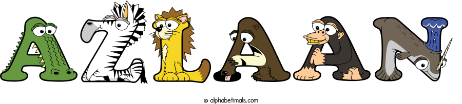 Azlaan animal word art spelling Azlaan with Alphabetimals - cartoon alphabet animals