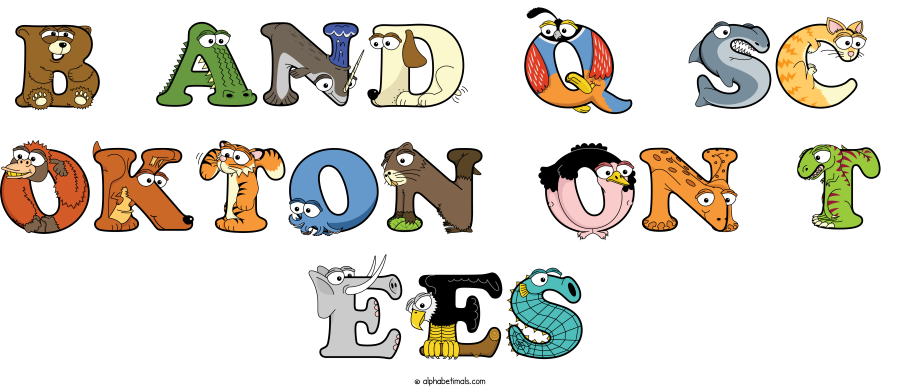 B And Q Sc Okton On T Ees animal word art spelling B And Q Sc Okton On T Ees with Alphabetimals - cartoon alphabet animals