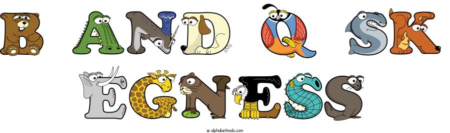 B And Q Sk Egness animal word art spelling B And Q Sk Egness with Alphabetimals - cartoon alphabet animals