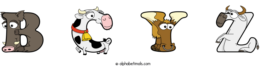 B C Y Z animal word art spelling B C Y Z with Alphabetimals - cartoon alphabet animals