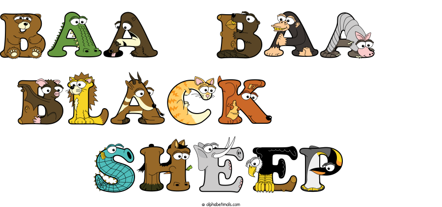 Baa  Baa   Black      Sheep animal word art spelling Baa  Baa   Black      Sheep with Alphabetimals - cartoon alphabet animals