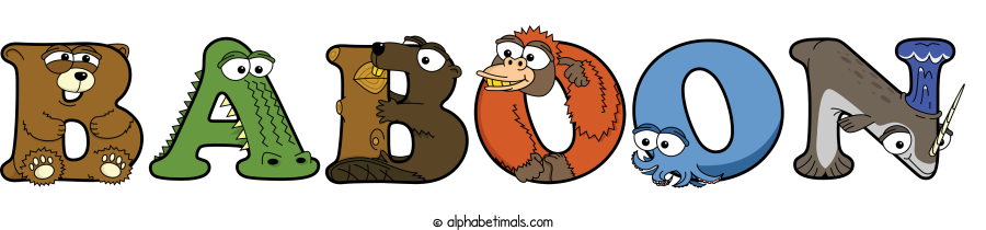 Baboon animal word art spelling Baboon with Alphabetimals - cartoon alphabet animals