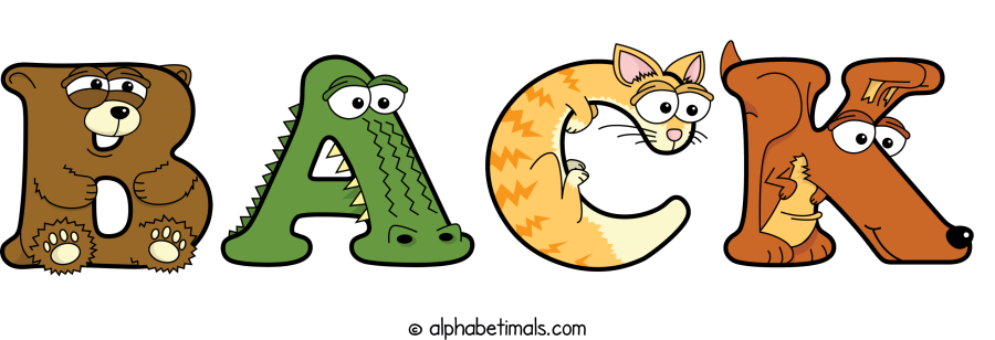 Back animal word art spelling Back with Alphabetimals - cartoon alphabet animals