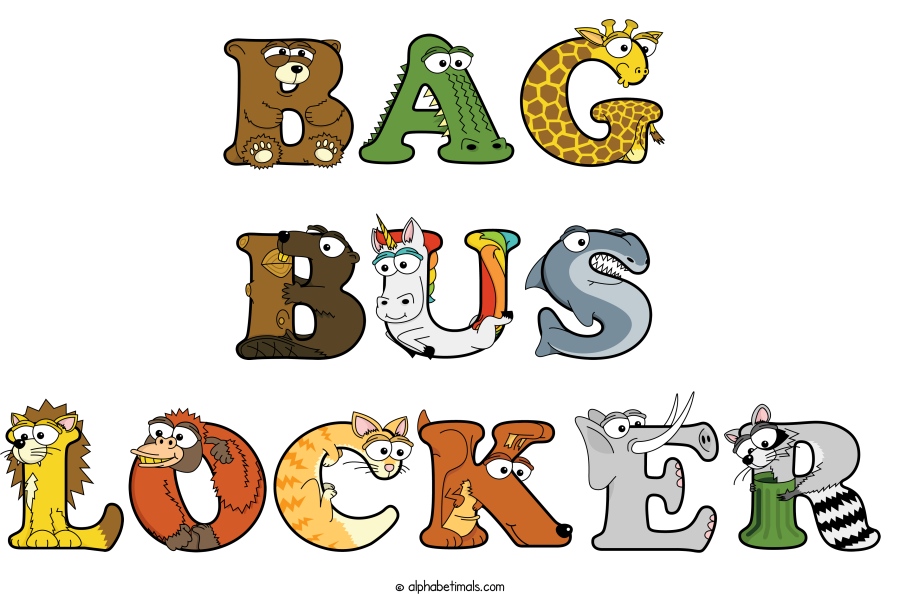Bag Bus Locker animal word art spelling Bag Bus Locker with Alphabetimals - cartoon alphabet animals