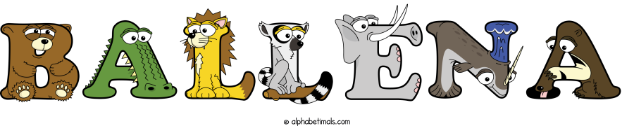 Ballena animal word art spelling Ballena with Alphabetimals - cartoon alphabet animals
