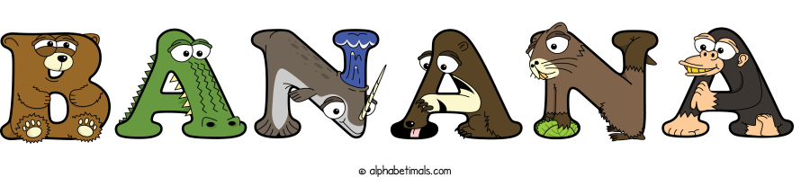 Banana animal word art spelling Banana with Alphabetimals - cartoon alphabet animals
