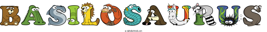 Basilosaurus animal word art spelling Basilosaurus with Alphabetimals - cartoon alphabet animals