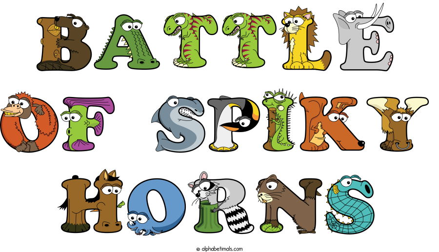 Battle Of Spiky Horns animal word art spelling Battle Of Spiky Horns with Alphabetimals - cartoon alphabet animals