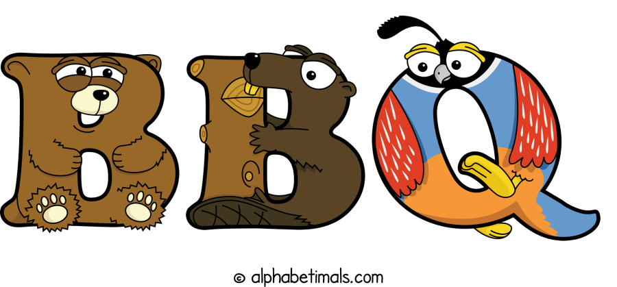 Bbq animal word art spelling Bbq with Alphabetimals - cartoon alphabet animals