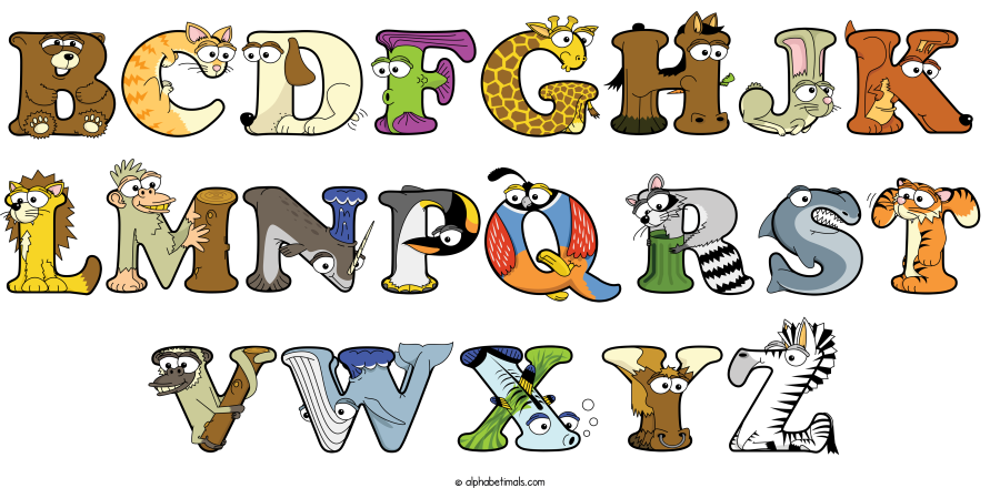 Bcdfghjk Lmnpqrst Vwxyz animal word art spelling Bcdfghjk Lmnpqrst Vwxyz with Alphabetimals - cartoon alphabet animals