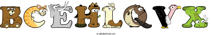 Bcehlqvx animal word art spelling Bcehlqvx with Alphabetimals - cartoon alphabet animals