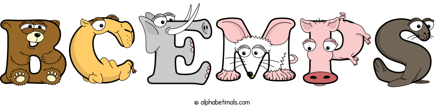 Bcemps animal word art spelling Bcemps with Alphabetimals - cartoon alphabet animals