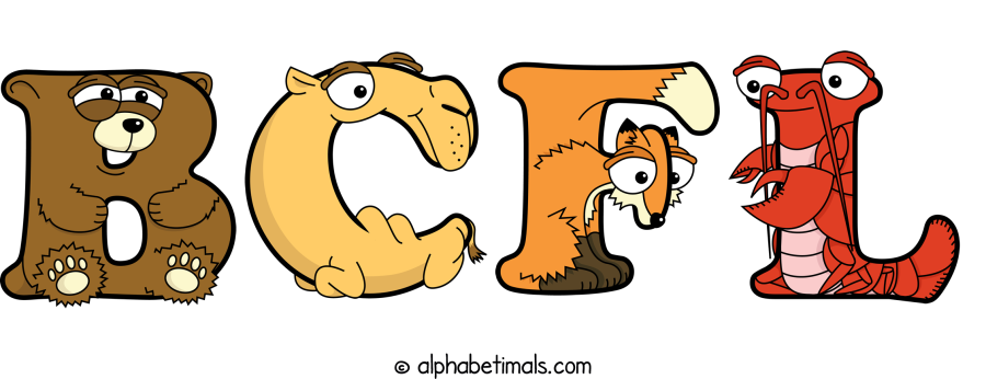 Bcfl animal word art spelling Bcfl with Alphabetimals - cartoon alphabet animals