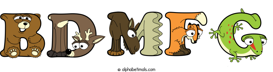 Bdmfg animal word art spelling Bdmfg with Alphabetimals - cartoon alphabet animals