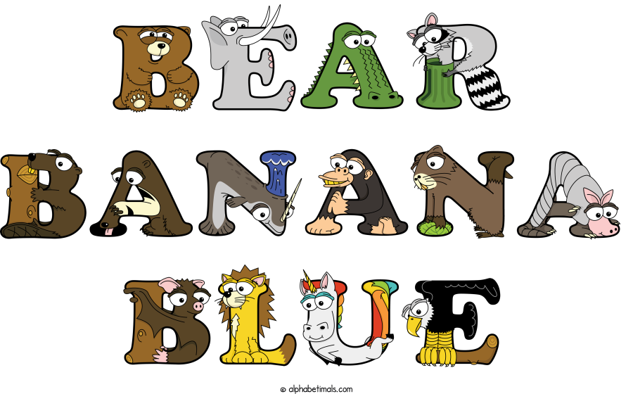 Bear Banana Blue animal word art spelling Bear Banana Blue with Alphabetimals - cartoon alphabet animals