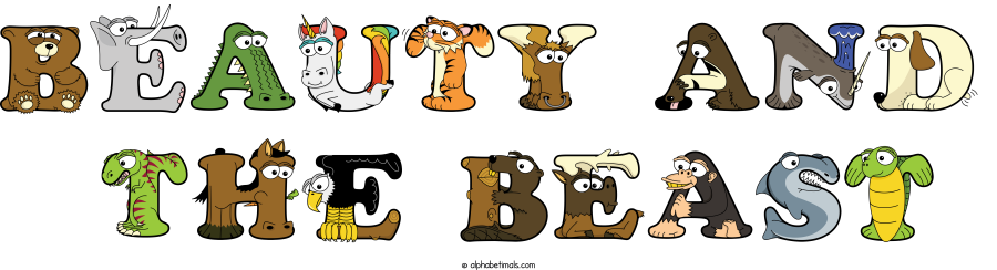 Beauty And  The Beast animal word art spelling Beauty And  The Beast with Alphabetimals - cartoon alphabet animals