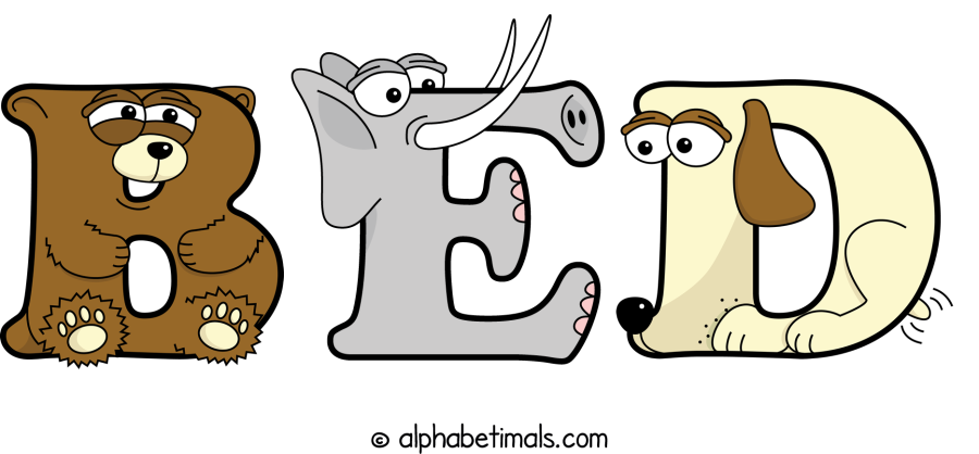 Bed animal word art spelling Bed with Alphabetimals - cartoon alphabet animals