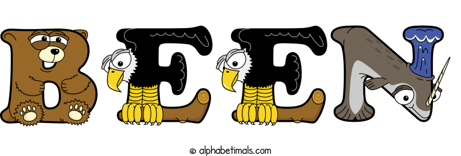 Been animal word art spelling Been with Alphabetimals - cartoon alphabet animals