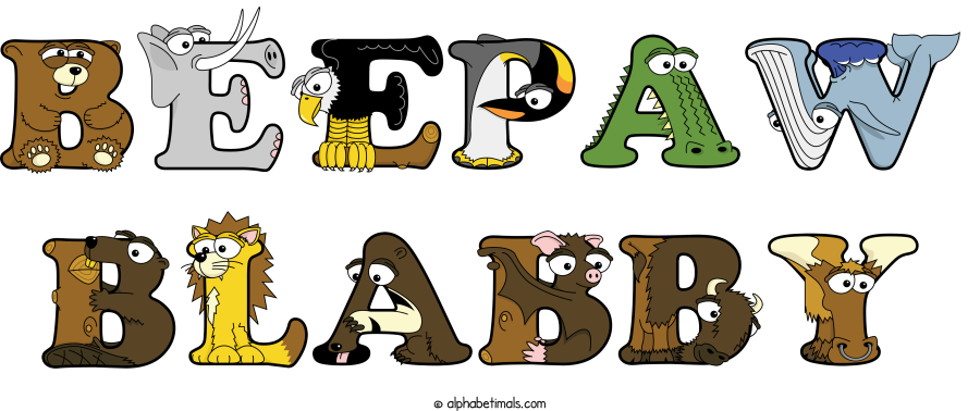 Beepaw Blabby animal word art spelling Beepaw Blabby with Alphabetimals - cartoon alphabet animals