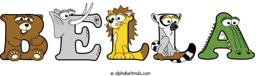 Bella animal word art spelling Bella with Alphabetimals - cartoon alphabet animals