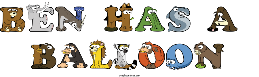 Ben Has A  Balloon animal word art spelling Ben Has A  Balloon with Alphabetimals - cartoon alphabet animals