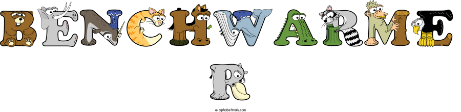 Benchwarme R animal word art spelling Benchwarme R with Alphabetimals - cartoon alphabet animals