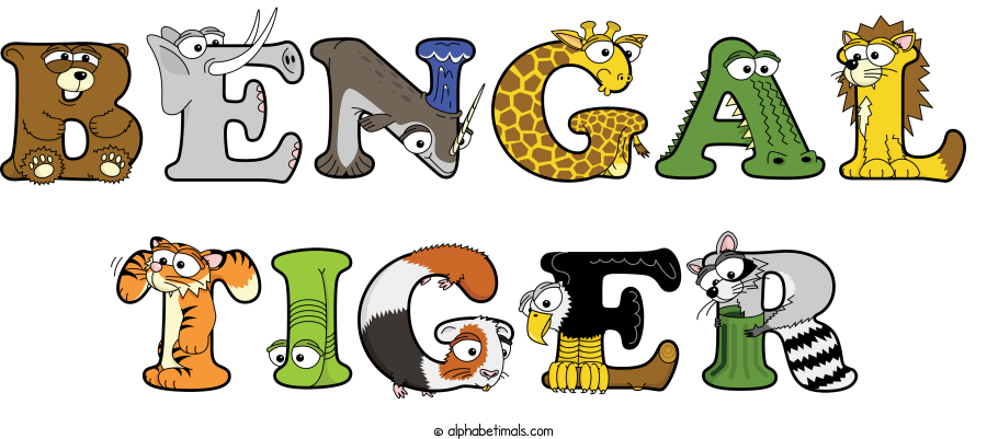 Bengal Tiger animal word art spelling Bengal Tiger with Alphabetimals - cartoon alphabet animals