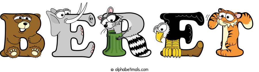 Beret animal word art spelling Beret with Alphabetimals - cartoon alphabet animals