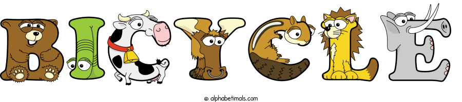 Bicycle animal word art spelling Bicycle with Alphabetimals - cartoon alphabet animals