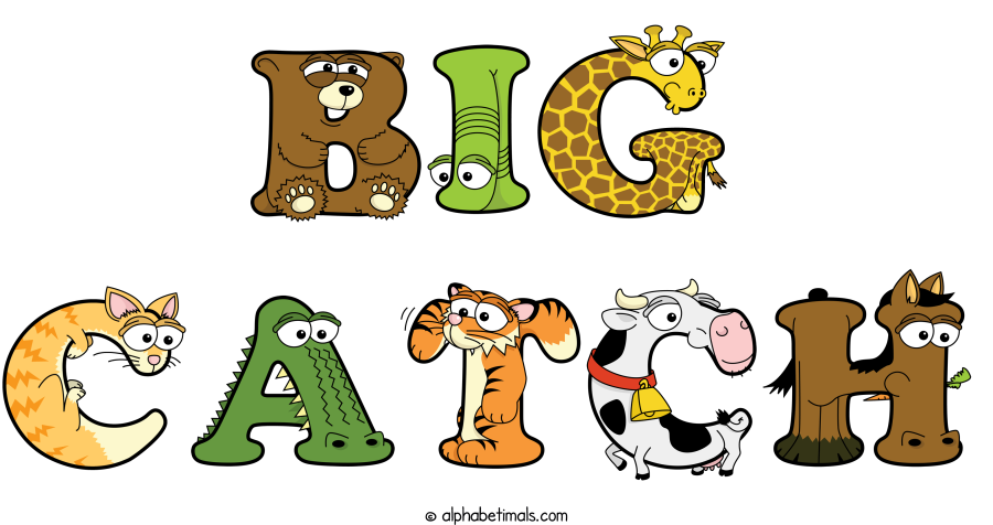 Big Catch animal word art spelling Big Catch with Alphabetimals - cartoon alphabet animals