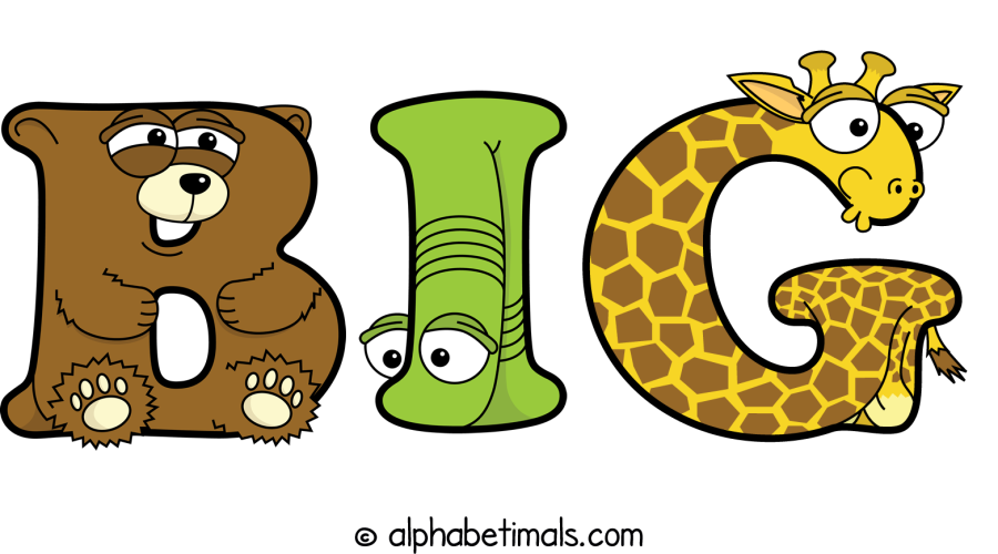 Big animal word art spelling Big with Alphabetimals - cartoon alphabet animals