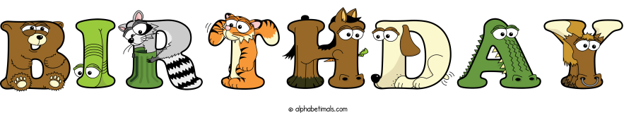 Birthday animal word art spelling Birthday with Alphabetimals - cartoon alphabet animals