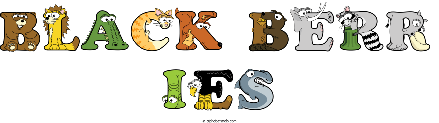 Black Berr Ies animal word art spelling Black Berr Ies with Alphabetimals - cartoon alphabet animals