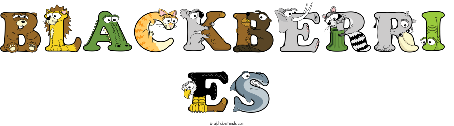 Blackberri Es animal word art spelling Blackberri Es with Alphabetimals - cartoon alphabet animals