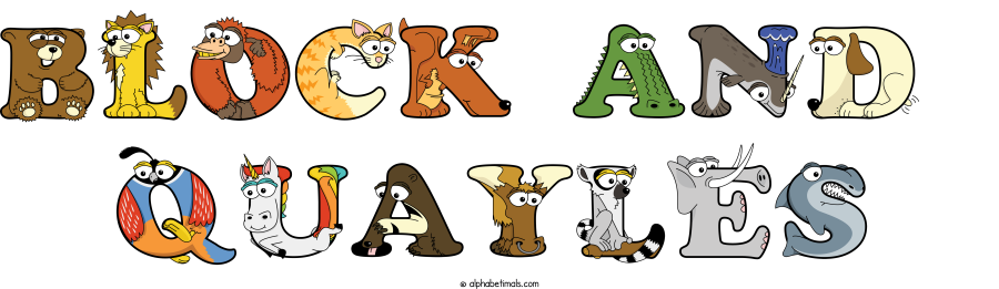 Block And  Quayles animal word art spelling Block And  Quayles with Alphabetimals - cartoon alphabet animals