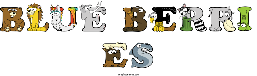 Blue Berri Es animal word art spelling Blue Berri Es with Alphabetimals - cartoon alphabet animals