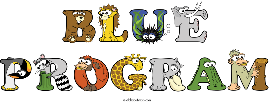 Blue Program animal word art spelling Blue Program with Alphabetimals - cartoon alphabet animals