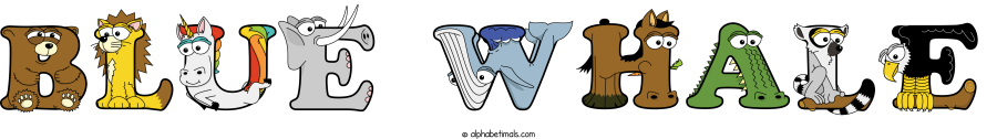 Blue Whale animal word art spelling Blue Whale with Alphabetimals - cartoon alphabet animals
