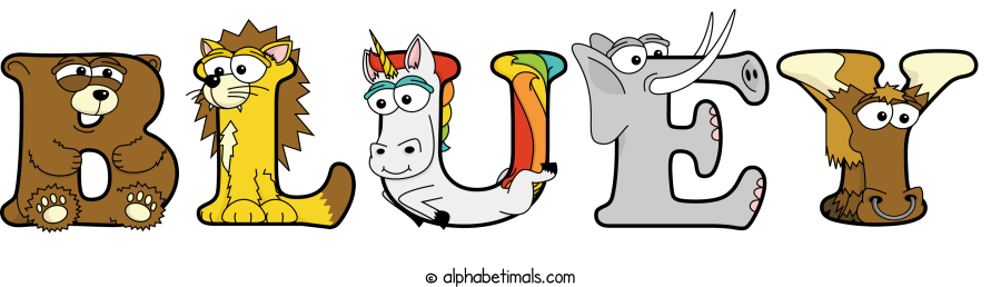 Bluey animal word art spelling Bluey with Alphabetimals - cartoon alphabet animals