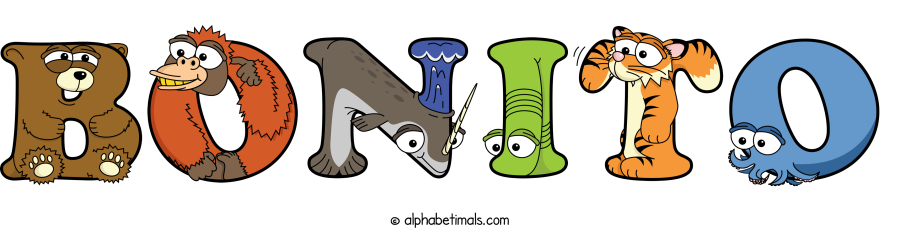 Bonito animal word art spelling Bonito with Alphabetimals - cartoon alphabet animals