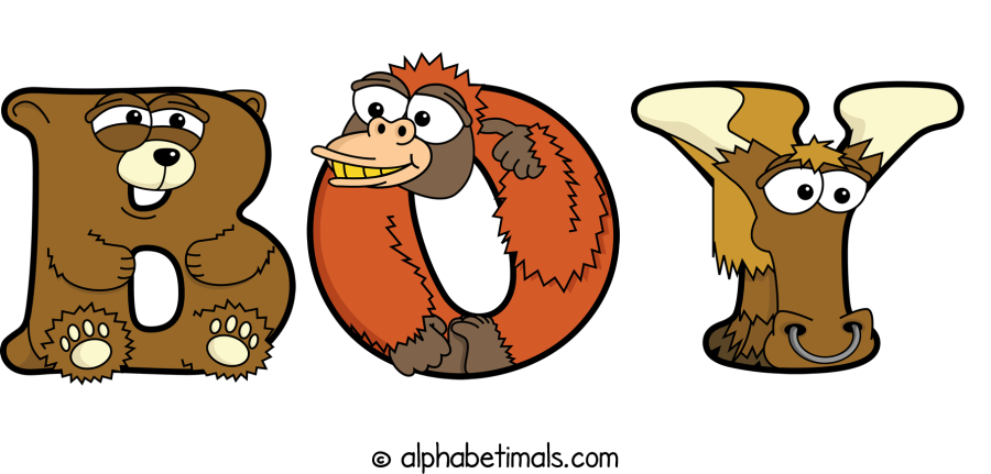 Boy animal word art spelling Boy with Alphabetimals - cartoon alphabet animals