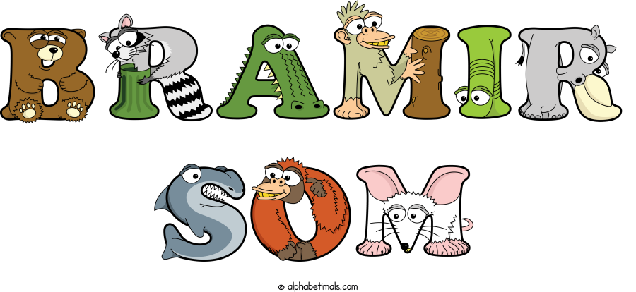 Bramir Som animal word art spelling Bramir Som with Alphabetimals - cartoon alphabet animals