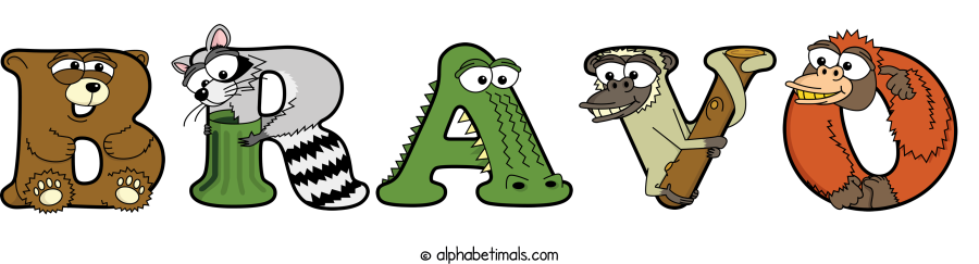 Bravo animal word art spelling Bravo with Alphabetimals - cartoon alphabet animals
