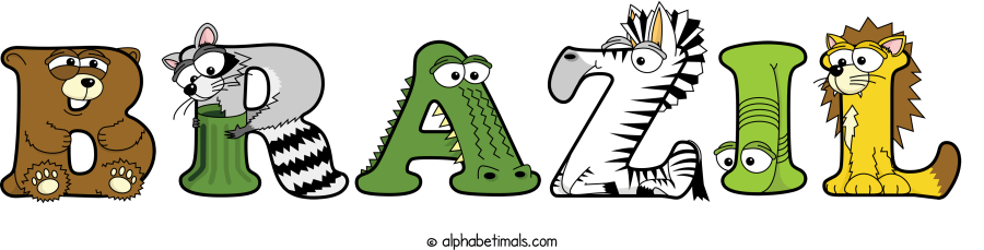 Brazil animal word art spelling Brazil with Alphabetimals - cartoon alphabet animals